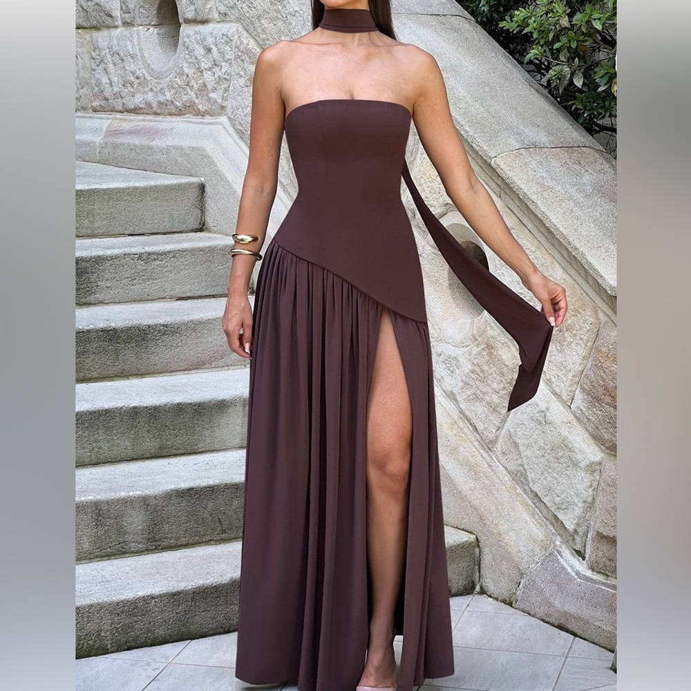 Chic Strapless Brown Evening Gown